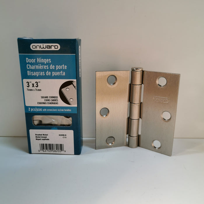 3" x 3" Brushed Nickel Hinges, Square Corners